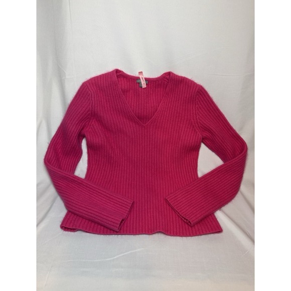 Hot Pink Angora Blend Women's Ann Taylor Sweater Ribbed Vneck‎ Sz: S EUC - Picture 1 of 7